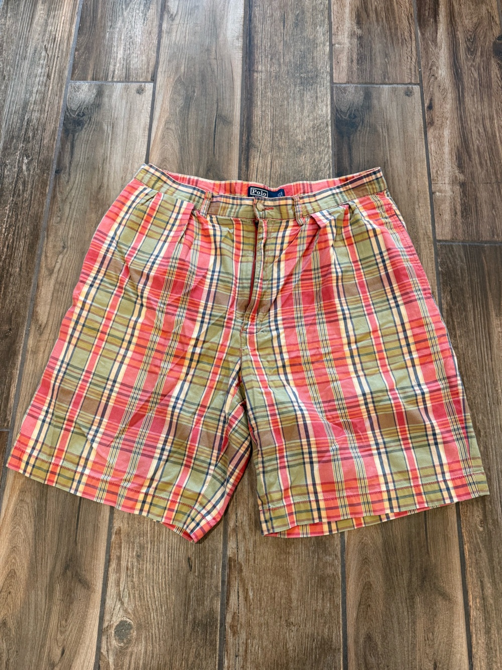 Polo by Ralph Lauren Coral & Olive Plaid Cotton Flat Front Shorts
